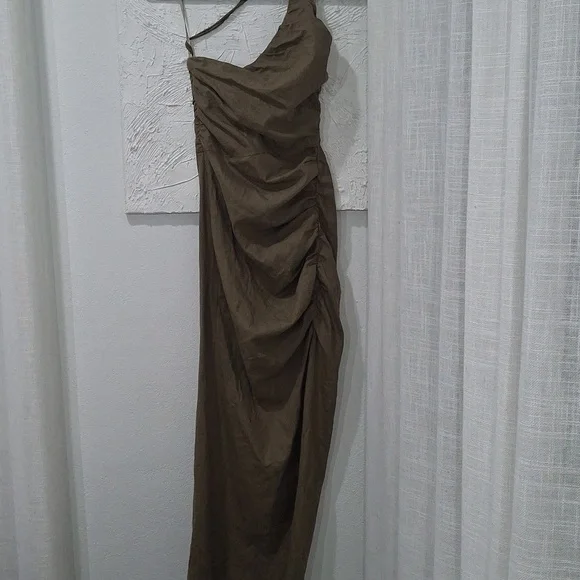 ZARA RUCHED ASYMMETRICAL LINEN BLEND DRESS - Picture 11 of 14